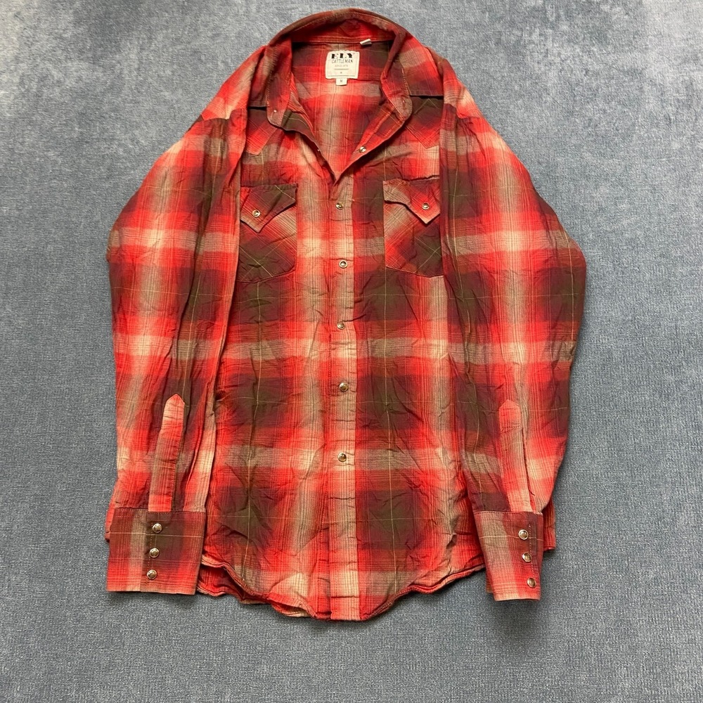 Ely Cattleman Western Shirt Mens Medium Red Plaid Pearl Snap Pockets Long Sleeve